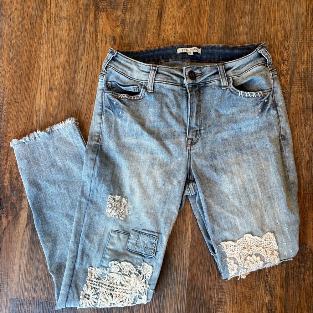 Blue Distressed Jeans with Lace Accents